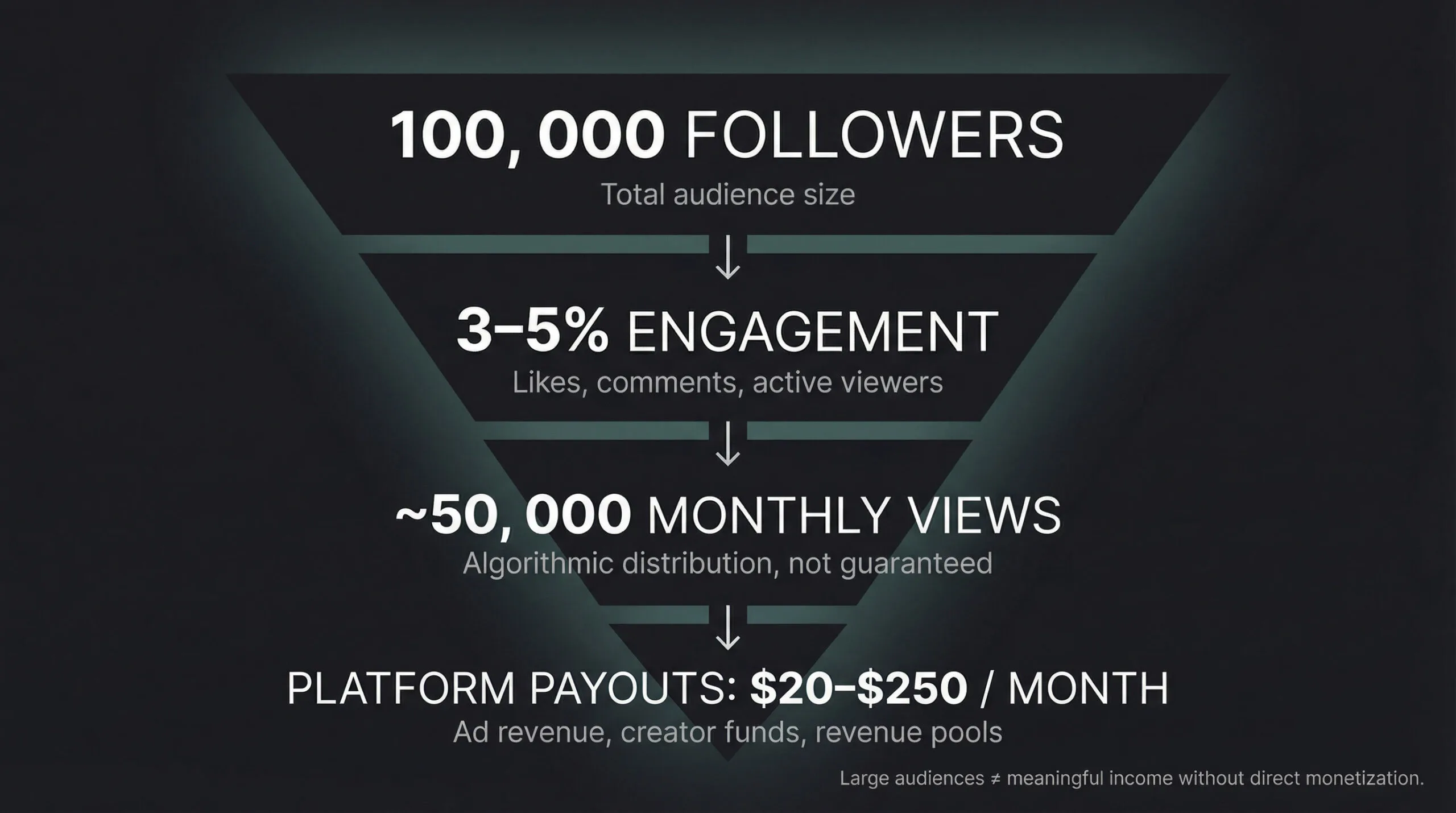 Funnel diagram showing massive drop-off from follower count to actual views to actual income, illustrating why attention doesn't equal money